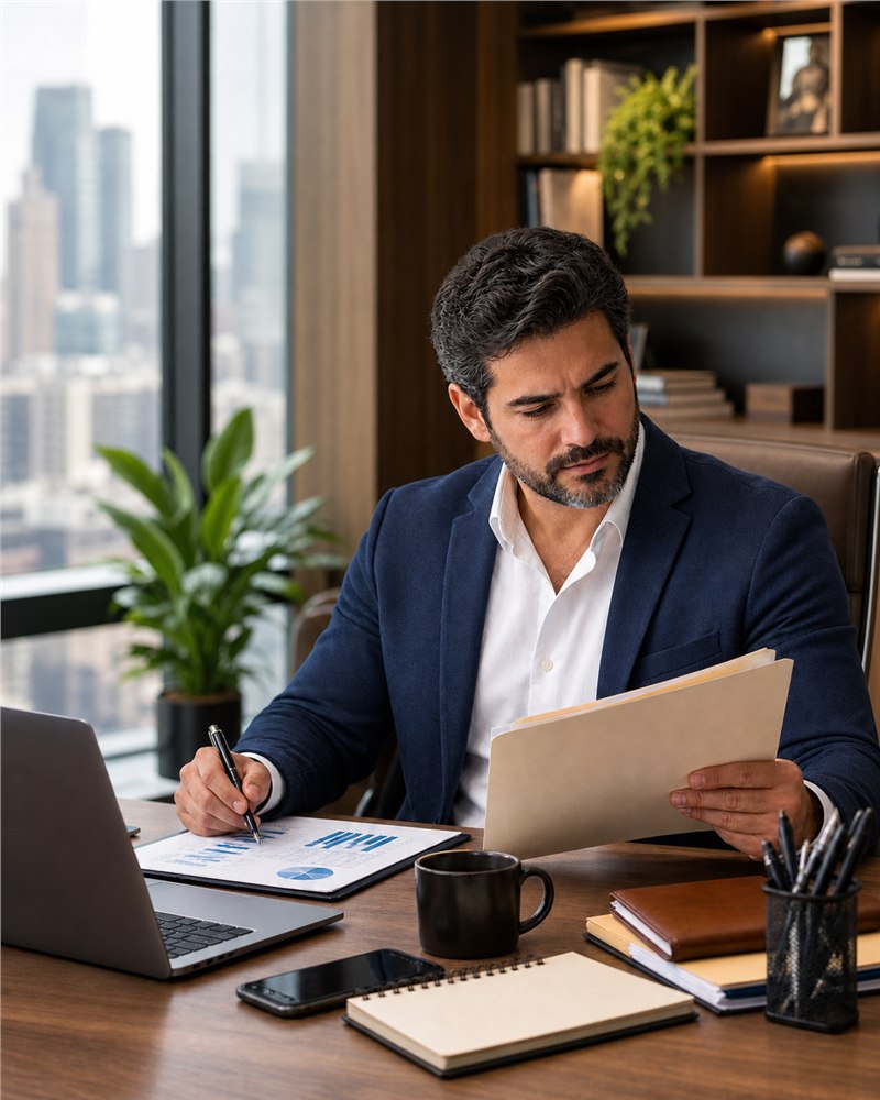 Empresário analisando documentos financeiros da empresa